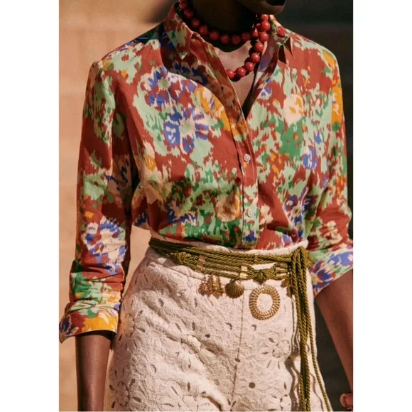 SEZANE NWT Rust Orange Green Abstract Floral Printed Button Down Pierro Shirt 38 - Picture 4 of 11